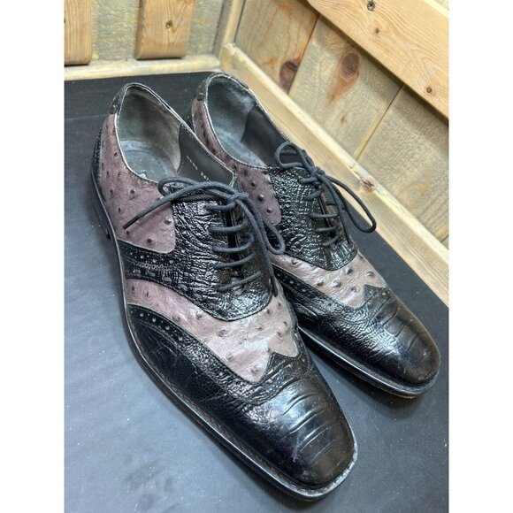 Stacy Adams Mens Leather Wingtip Oxford Shoes 8.5M Brown Black Embossed Ostrich - Picture 2 of 9
